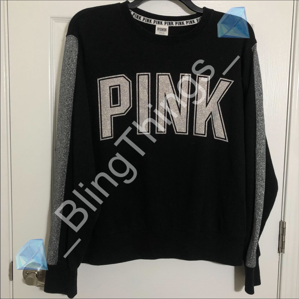 💎VS PINK Silver Sparkle Glitter Logo Crewneck💎